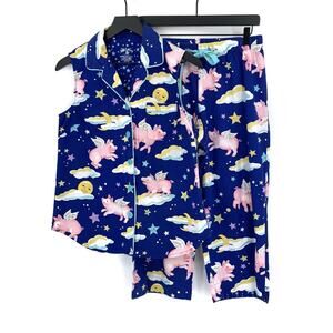 NICK & NORA Cotton Pajama Set Royal Blue When Pigs Fly S
